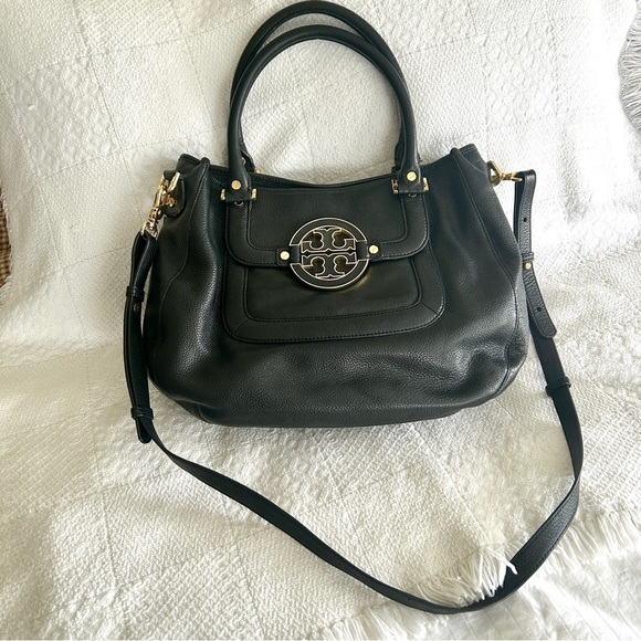 Tory Burch Amanda Black Pebbled Leather Convertible Hobo Satchel Gold Logo - Picture 3 of 16